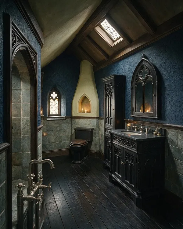 A narrow Gothic-style master bathroom with dark blue patterned wallpaper, stone half-walls, and a steep wood-beamed ceiling with a skylight. The space includes a black carved vanity, arched mirror and niche details, a dark wood floor, and a glass-enclosed shower on the left.