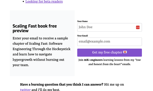 The image displays a sign-up form for a free preview of the book 'Scaling Fast'.