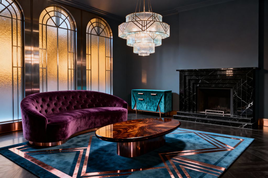 An Art Deco living room features a curved, tufted plum velvet sofa set around an oval, high-gloss wood coffee table, placed on a teal rug with copper geometric inlays. Overhead a tiered glass chandelier glows while a black marble fireplace anchors the wall; a teal velvet sideboard with brass pulls stands nearby, and arched windows with amber textured glass and brass mullions bathe deep blue walls and dark herringbone floors in warm light.