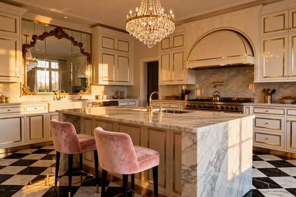 A glamorous kitchen features white cabinetry with gold trim, a large white marble island with waterfall sides, and a crystal chandelier casting warm light. An ornate gilded mirror spans the backsplash at the sink, mirrored by marble surfaces and a brass pot filler over a pro-style range; the black-and-white checkerboard marble floor, blush velvet counter stools, and polished brass faucets complete the vintage-inspired, high-shine space.