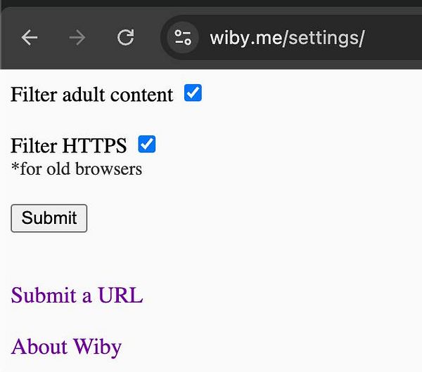 The image displays the settings page of the wiby.me search engine.