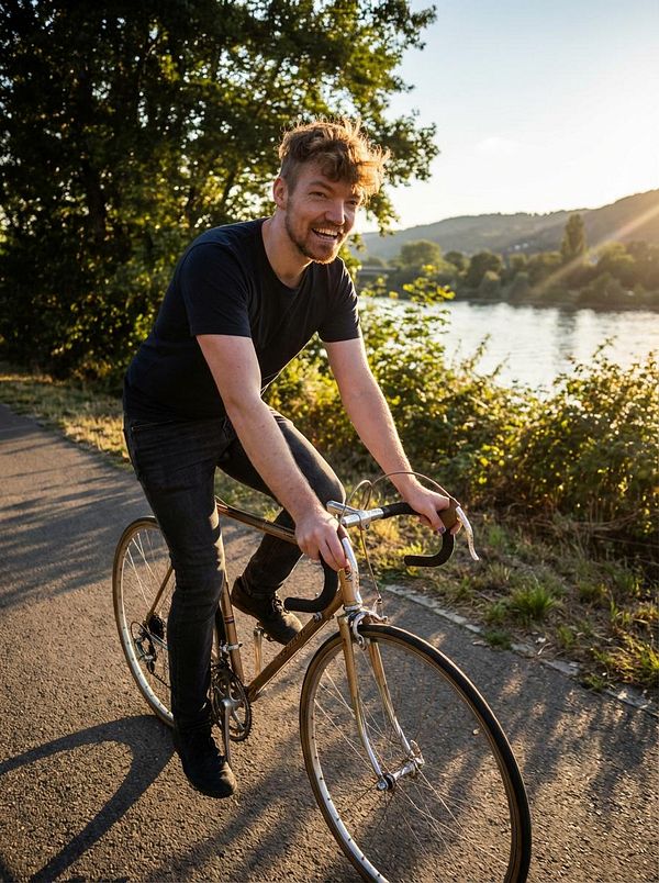 A man is riding a bicycle along a scenic path by a river during sunset.