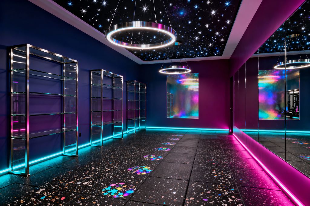 A home gym with a black starry ceiling and two large chrome ring pendant lights. Deep indigo and magenta walls are trimmed with cyan and pink LED strips. The left wall has chrome-framed glass shelving; the right wall is fully mirrored. The floor is black rubber speckled like terrazzo with iridescent circular inlays. A holographic wall panel at the back reflects neon colors, creating a vivid, futuristic glow.
