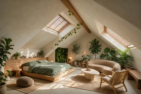 A spacious biophilic master bedroom under a sloped attic ceiling, featuring a low wooden platform bed with sage green bedding, woven rugs, a curved beige sofa, and many potted plants throughout the room. Skylights with wood slats bring in warm daylight, highlighting natural textures like wood, rattan, stone, and plaster.