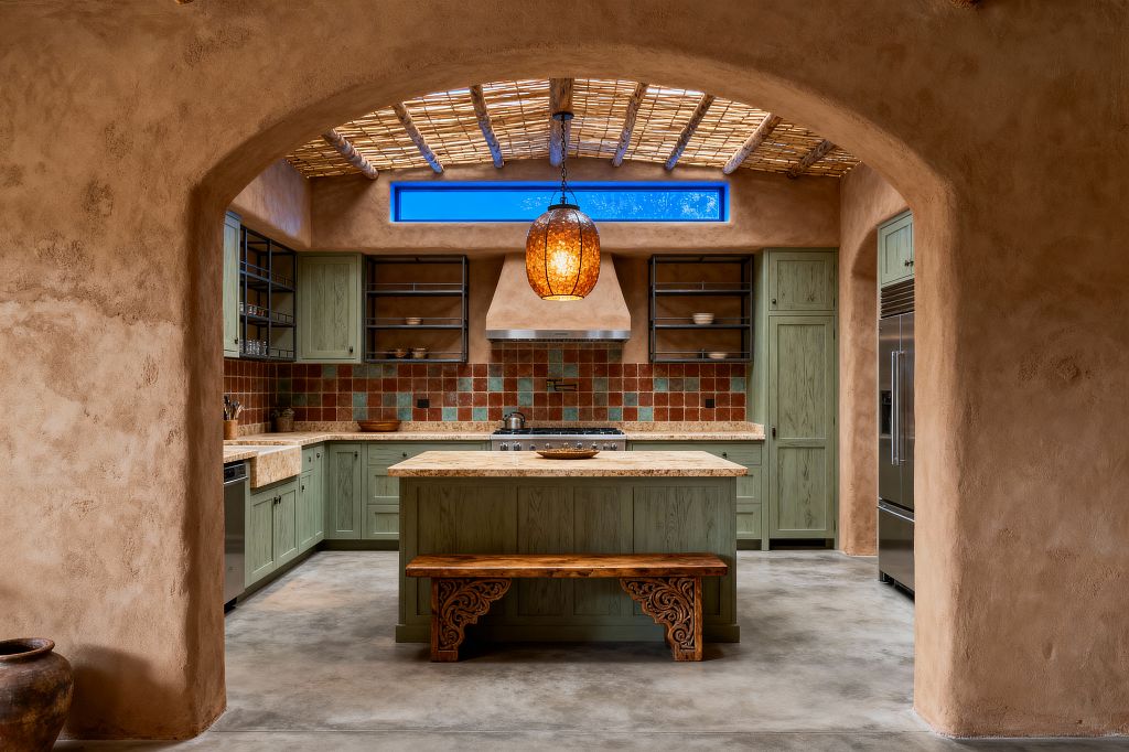 A Southwestern kitchen framed by an adobe arch features sage green wood cabinets, a light stone island, and a carved wood bench. A woven latilla-and-viga ceiling with an amber glass pendant hangs over a range wall clad in terracotta and turquoise square tiles. Open black-metal shelves flank a plaster hood; countertops are beige stone. Polished concrete floors, a clerestory window, and stainless appliances complete the space’s earthy, sunlit feel.