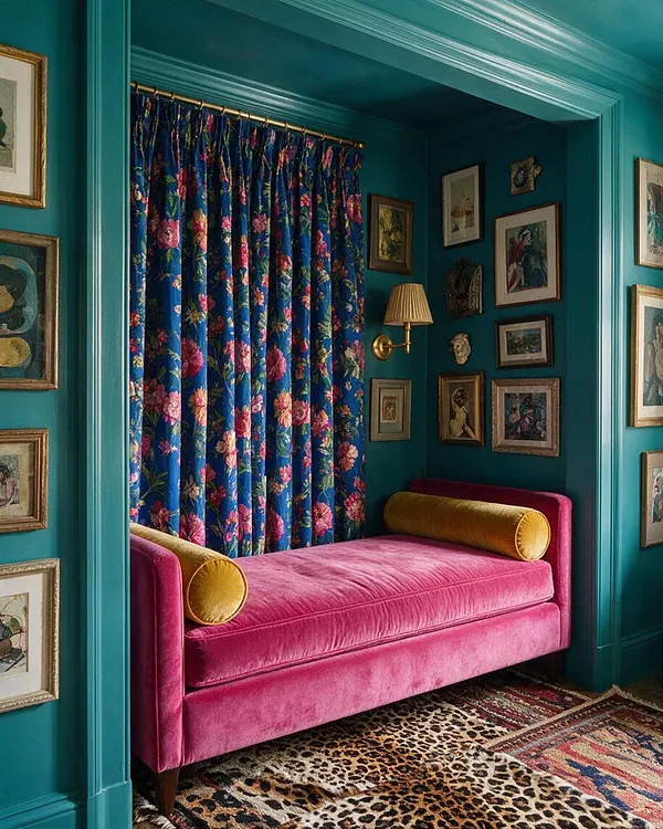 A vivid turquoise alcove features a pink velvet daybed with mustard bolster pillows, set before blue floral curtains. Framed artwork fills the surrounding walls, and a leopard-print rug adds pattern underfoot, creating a layered maximalist vignette.