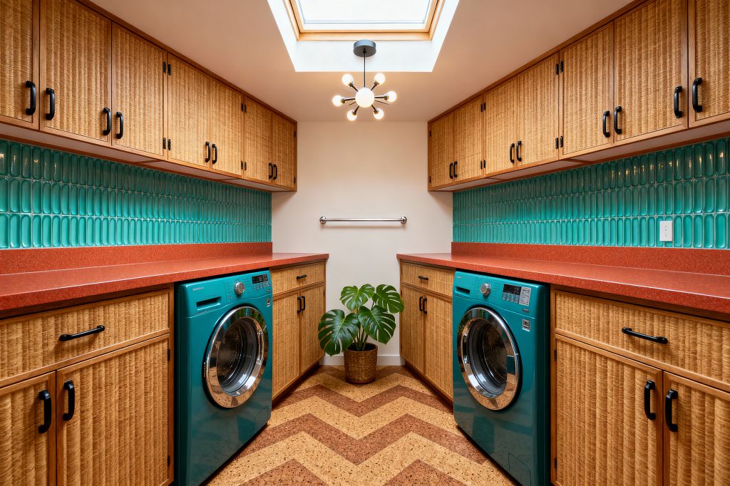 A mid-century modern laundry room with two parallel runs of rattan-front wood cabinets and coral-red counters above teal front-load machines. Glossy aqua elongated ceramic tiles form the backsplash, and black pulls accent the doors. A herringbone cork floor leads to a white wall with a towel bar and a potted monstera. Overhead, a sputnik-style ceiling light and a central skylight brighten the narrow space.