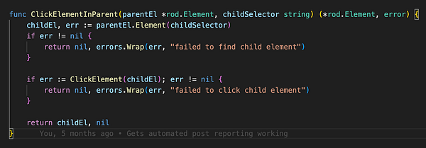 A code snippet in Go programming language demonstrating error handling in a function.