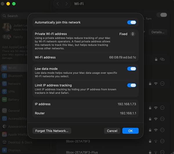 Screenshot of Netgear router interface showing status information including IPv4 and IPv6 addresses, device name, and connection details.