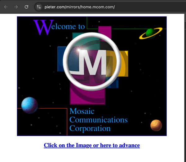The image features a retro-style welcome screen for Mosaic Communications Corporation.