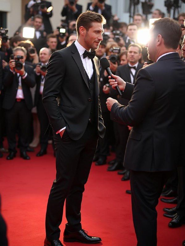 A well-dressed man is being interviewed on the red carpet at a glamorous event.