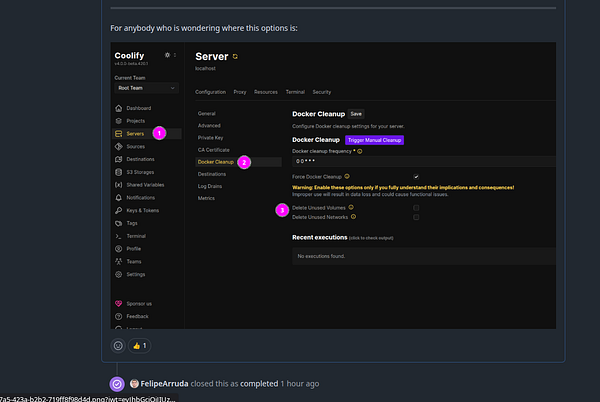 The image displays a user interface for managing server settings, specifically focusing on Docker cleanup options.