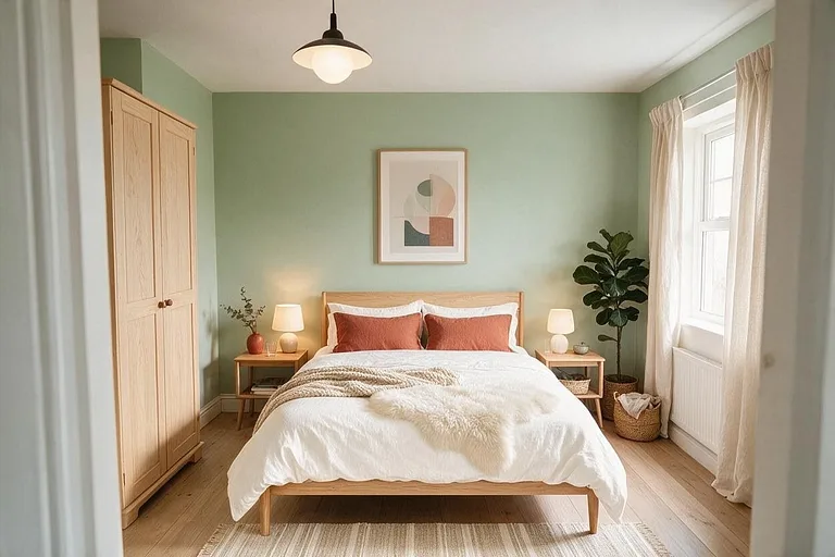 A Scandinavian bedroom in the Sage Calm palette: sage green, white linen, light oak, oatmeal, and terracotta