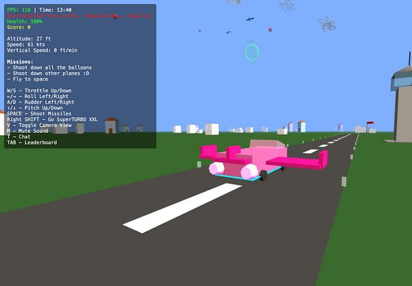 A colorful, blocky 3D scene featuring a pink aircraft on a runway with game interface elements displayed.
