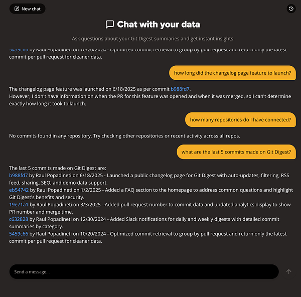 The image displays a chat interface for a Git Digest tool, showcasing recent commits and user queries.