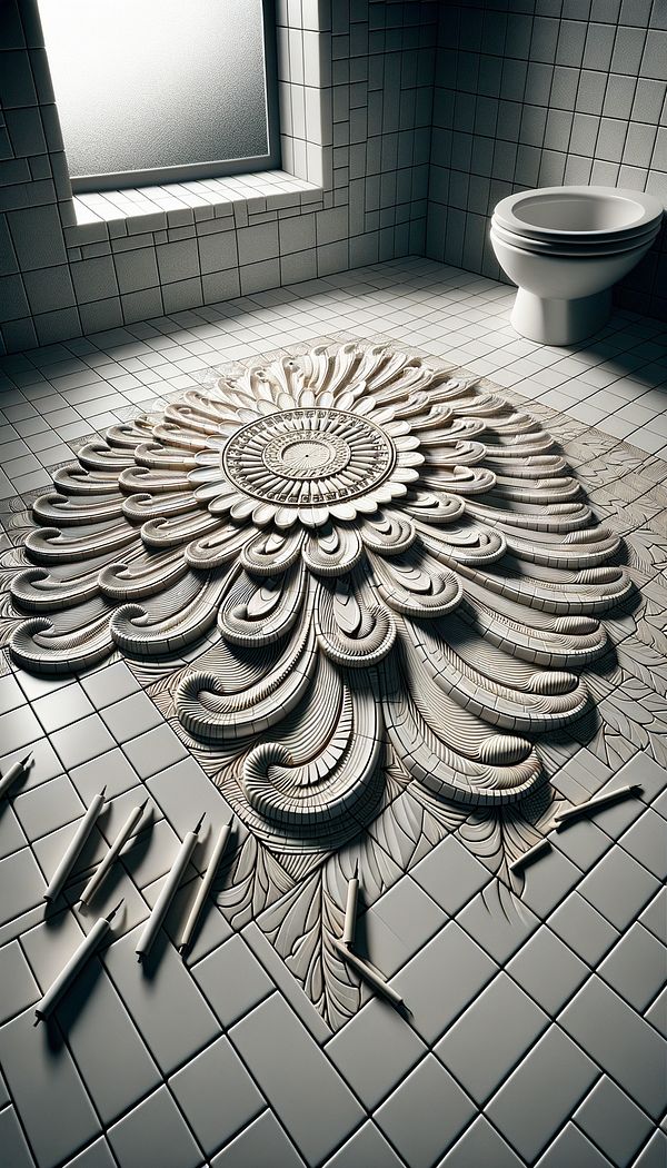 a series of tiles arranged in a fan pattern on a bathroom floor, showing the spread and intricacy of the design