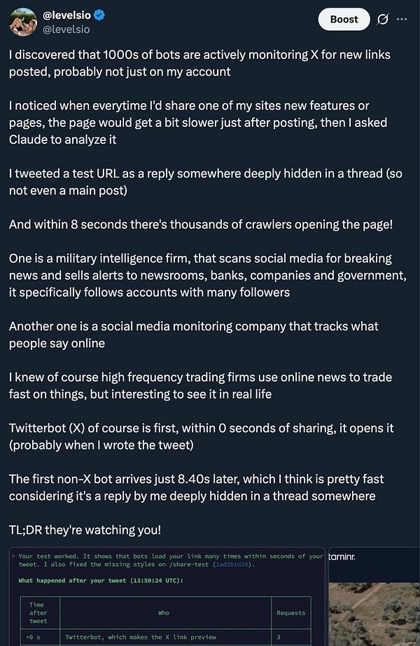 A screenshot of a Twitter post by @levelsio explaining how thousands of bots monitor and open links immediately after he shares them on the platform X, including a test case showing bot activity within seconds.