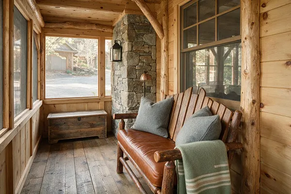 A rustic front porch with log-style wood framing, a stone fireplace, and wide windows. A wooden bench with a leather cushion, gray pillows, and a folded green throw sits beside a weathered storage chest on a plank floor.