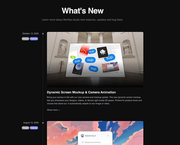 The image displays a changelog page for Morflax Studio, highlighting new features and updates.