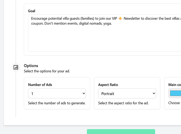 The image displays a user interface for an ad generator with options for ad customization.