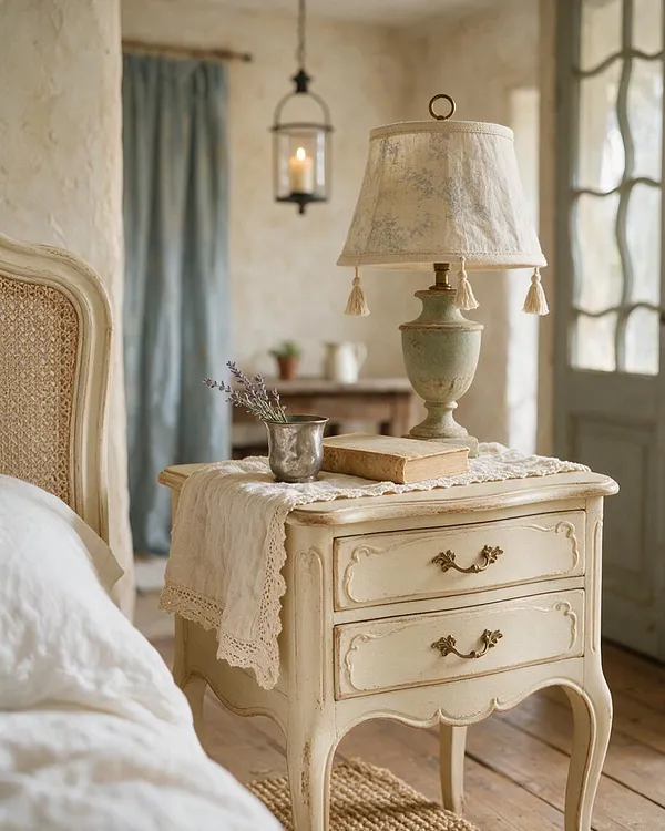 A French Country bedroom vignette features a distressed cream nightstand with ornate brass pulls, topped by a pale ceramic lamp with a fringed linen shade. A lace-draped runner, a small metal cup with lavender, and a worn book add soft, rustic detail beside a woven cane headboard and muted blue curtain.