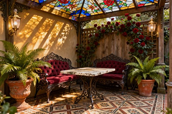 A covered patio features a stained-glass roof with red rose motifs casting colored light over patterned encaustic floor tiles. Two ornate wrought-iron settees with deep-buttoned burgundy velvet face a square marble table on a scrolling iron base, flanked by terracotta planters with lush ferns. Brass wall lanterns illuminate warm stucco walls and timber posts, while a wood lattice fence with climbing red roses completes the romantic Victorian setting.