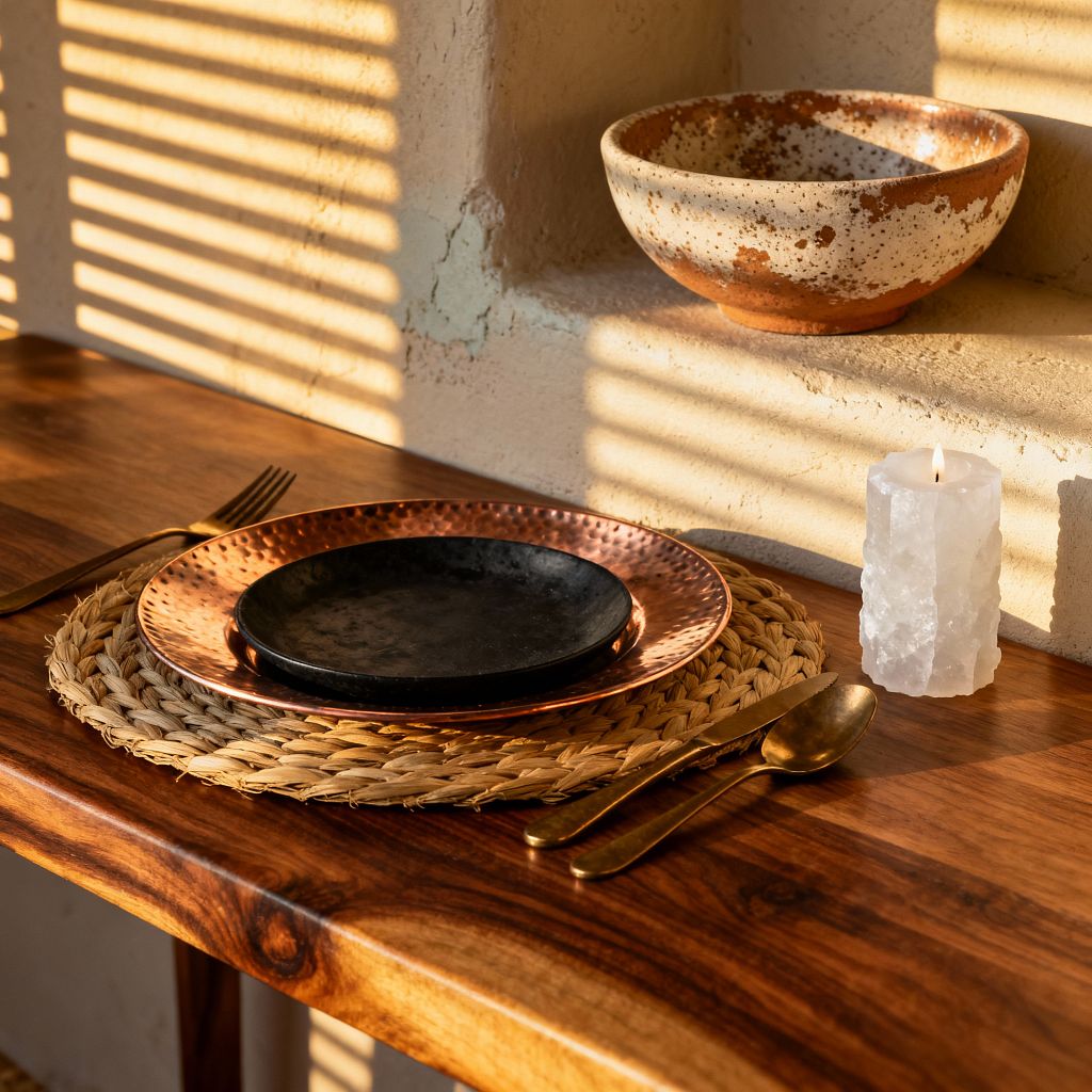 A close-up Southwestern dining vignette shows a rich wood table with a woven seagrass placemat topped by a hammered copper charger and a small black stoneware plate, paired with brushed brass flatware. Warm slatted sunlight stripes a textured plaster wall, where a speckled terracotta bowl sits in a niche, and a rough white pillar candle glows at the table’s edge, emphasizing earthy materials and sun-baked tones.