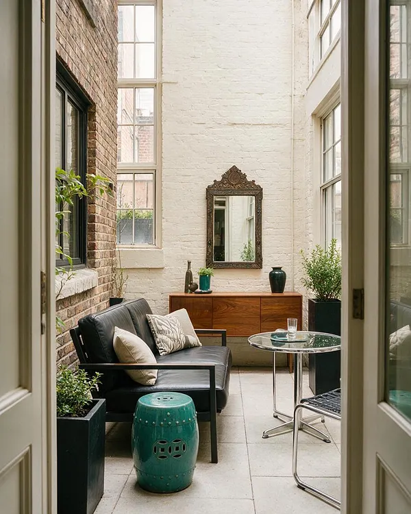A narrow patio with white painted brick walls, an exposed brick side wall, and tall windows brings in soft daylight. The space includes a black leather sofa with patterned and cream pillows, a round glass-top table with chrome legs, a teal ceramic stool, potted greenery, a carved vintage mirror, and a warm wood cabinet.
