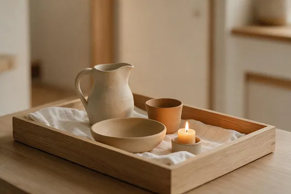 A Scandinavian-style wooden tray sits on a table, lined with a soft white cloth and styled with neutral ceramic vessels, including a pitcher, bowl, and small cup. A lit candle adds a warm glow, creating a calm, minimalist tabletop vignette.