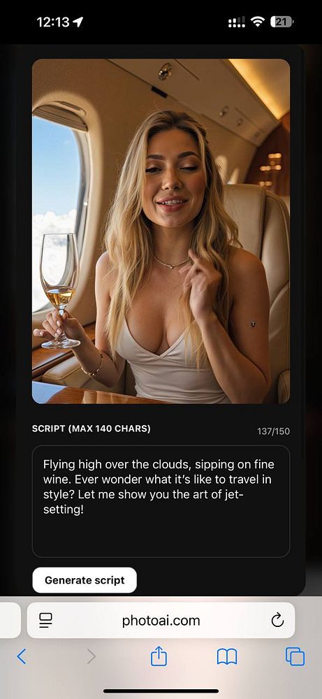 A woman is enjoying a drink inside a private jet, with a scenic view of clouds outside the window.