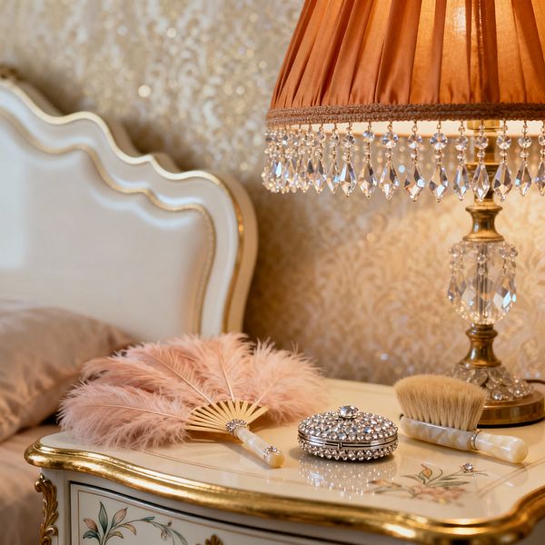 A vintage glam bedroom vignette shows an ivory upholstered headboard beside a hand-painted, gilded nightstand. A pleated amber silk lampshade with dangling crystal prisms tops a crystal-and-brass base, glowing against gold damask wallpaper. On the nightstand rest a blush feather fan, a jeweled round trinket box, and a vanity brush with a mother-of-pearl handle, capturing a luxurious, nostalgic atmosphere.