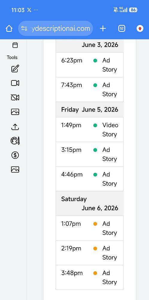 A smartphone screen shows scheduled Instagram Stories posts with options to send now, edit, or delete, displayed over a blurred background image of a beach and Mediterranean-style architecture.