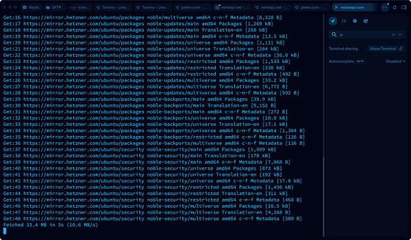 The image displays a terminal interface showing the output of a script fetching package updates from a server.
