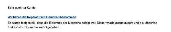 The image displays a formal letter confirming a warranty repair for a vacuum robot.