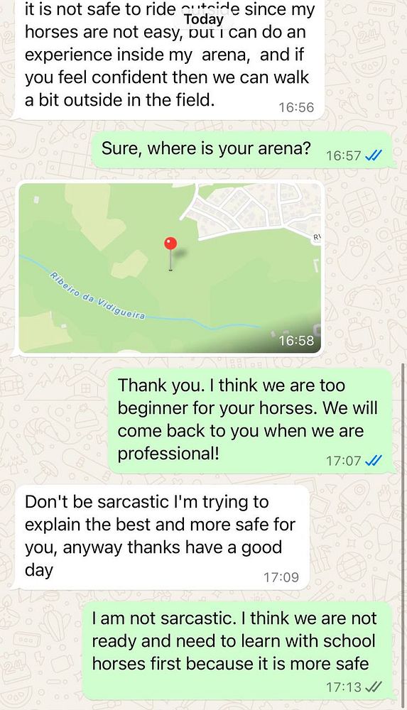 A conversation about booking a horse riding experience, highlighting safety concerns and misunderstandings.