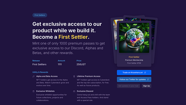 The image promotes a premium membership program called 'First Settlers' for a product related to Cyberdeck.