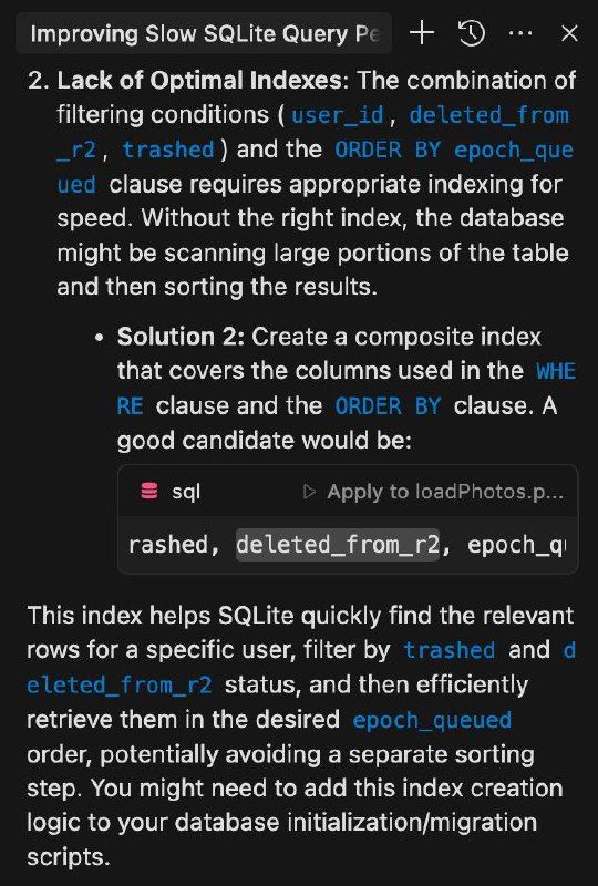 The image displays a technical document discussing solutions for optimizing slow SQLite queries.