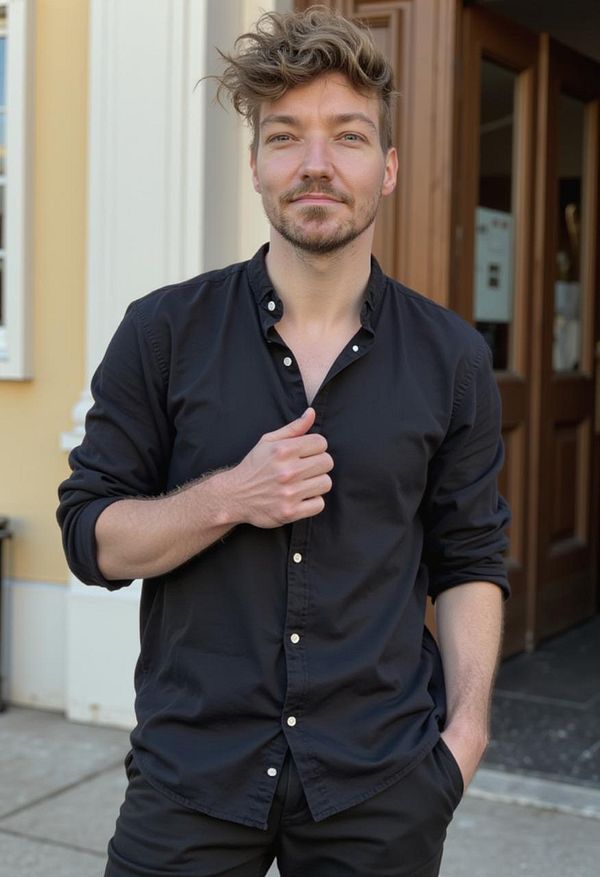 A man stands confidently in front of a building, wearing a black shirt and black pants.