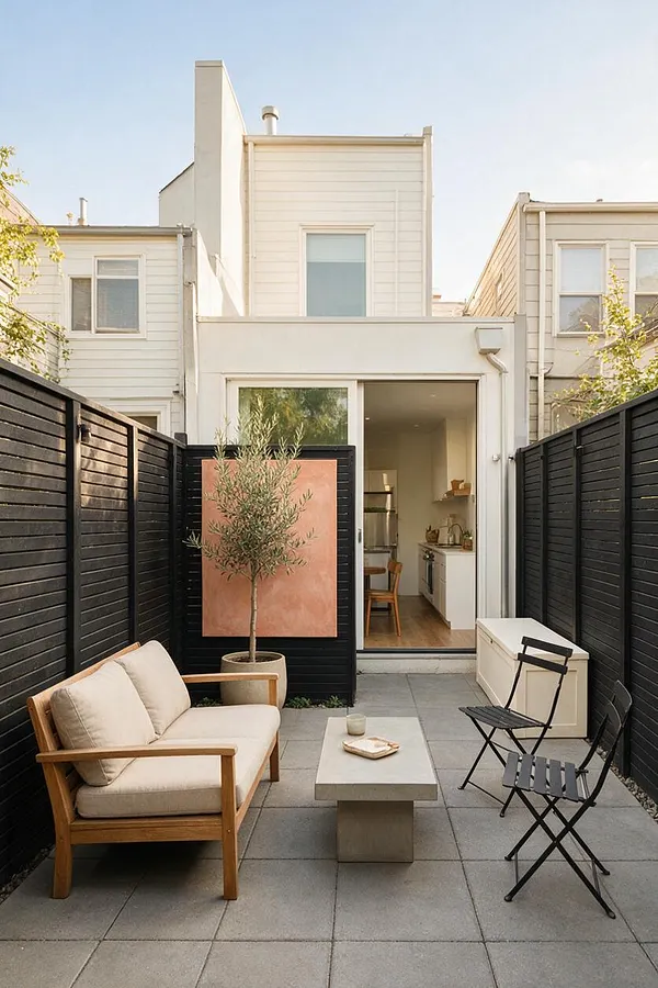 A narrow modern backyard patio with black horizontal slat fencing, gray pavers, and a warm wood-framed outdoor sofa with beige cushions. A small concrete coffee table sits in the center, with black folding chairs, a potted olive tree, and a sliding glass door opening to a bright kitchen in the background.