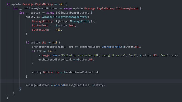 The image displays a code snippet for handling Telegram message reply markup buttons to extract button text and links.