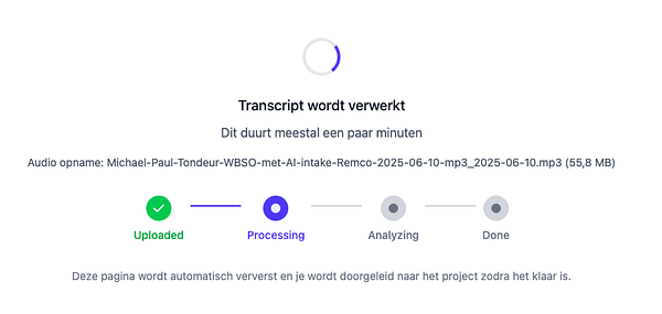 The image displays a user interface for processing an audio transcript.