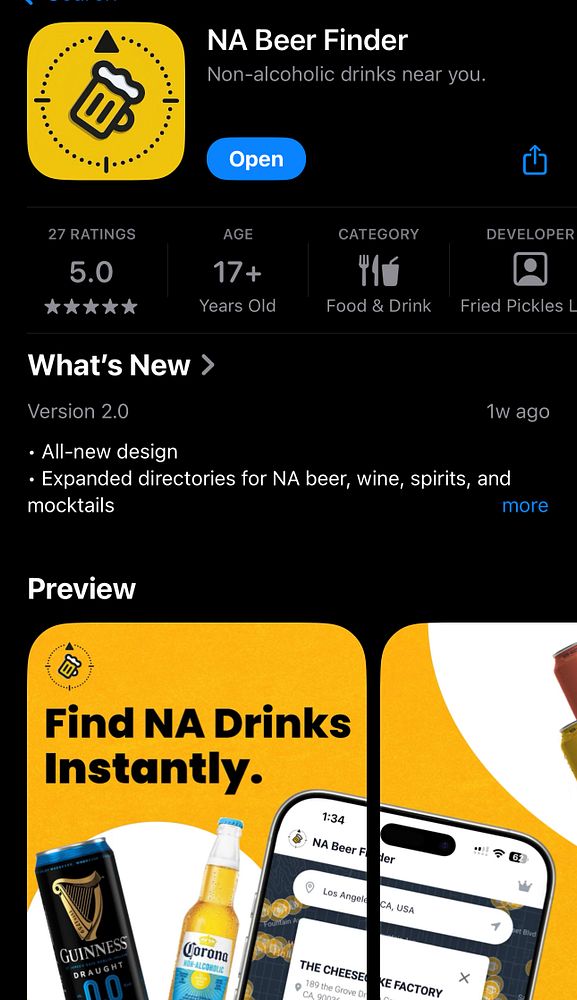 The image displays the app store page for the NA Beer Finder app, showcasing its features and ratings.