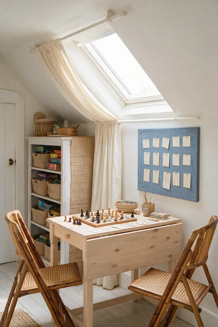 A small coastal-style game room with a sloped ceiling and skylight, soft cream curtains, and a light wood game table centered between two woven folding chairs. A white shelving unit with baskets and board games sits to the left, while a blue fabric pinboard and simple tabletop accessories add a calm, organized feel.