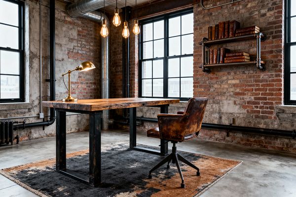 An industrial home office with exposed red brick walls, black metal-framed factory windows, and visible ductwork. A thick reclaimed wood desk with black steel legs sits on a two-tone rug, paired with a distressed cognac leather swivel chair. Overhead, four bare Edison bulbs hang; a brass task lamp rests on the desk. A pipe-and-wood wall shelf holds vintage books; the floor is polished concrete.