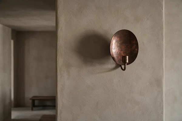 A minimalist interior detail shows a rough plaster wall in warm beige tones with a small oval copper wall sconce casting a soft shadow. In the background, an open room with matching earthy plaster walls and a low wooden bench reinforces the calm Wabi-Sabi atmosphere.