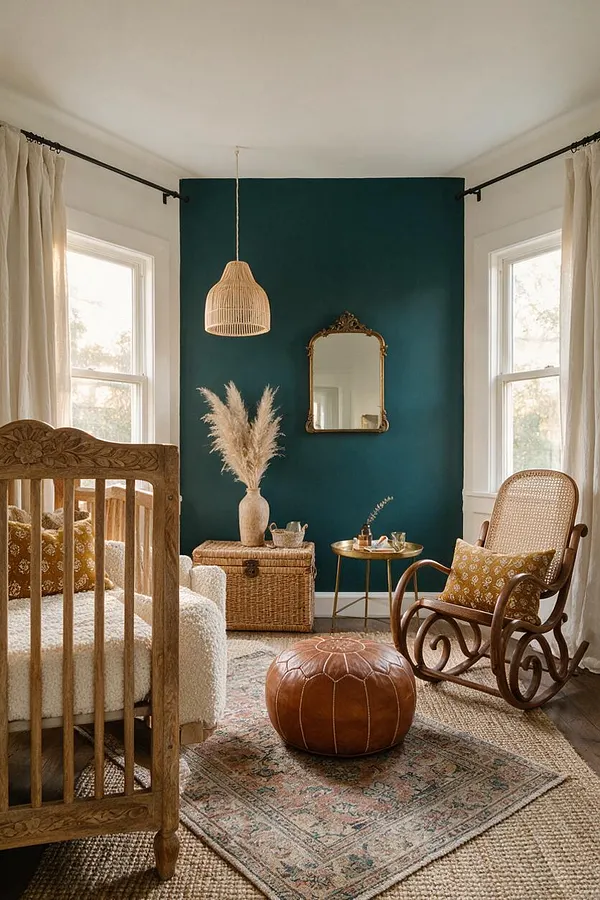 A bohemian-style nursery with a carved wooden crib, a cane rocking chair, and a teal accent wall centered between two windows. The room features a wicker pendant light, a gold-framed mirror, woven textures, a leather pouf, and a vintage-style rug in warm earthy tones.
