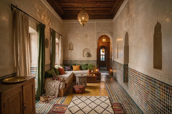 A Moroccan-style nursery with plaster walls, carved arched niches, and colorful zellige-style tile wainscoting. The room includes a low cushioned daybed with patterned pillows, layered rugs, hanging curtains, lantern lighting, and a carved wooden cabinet beneath a richly detailed wood ceiling.
