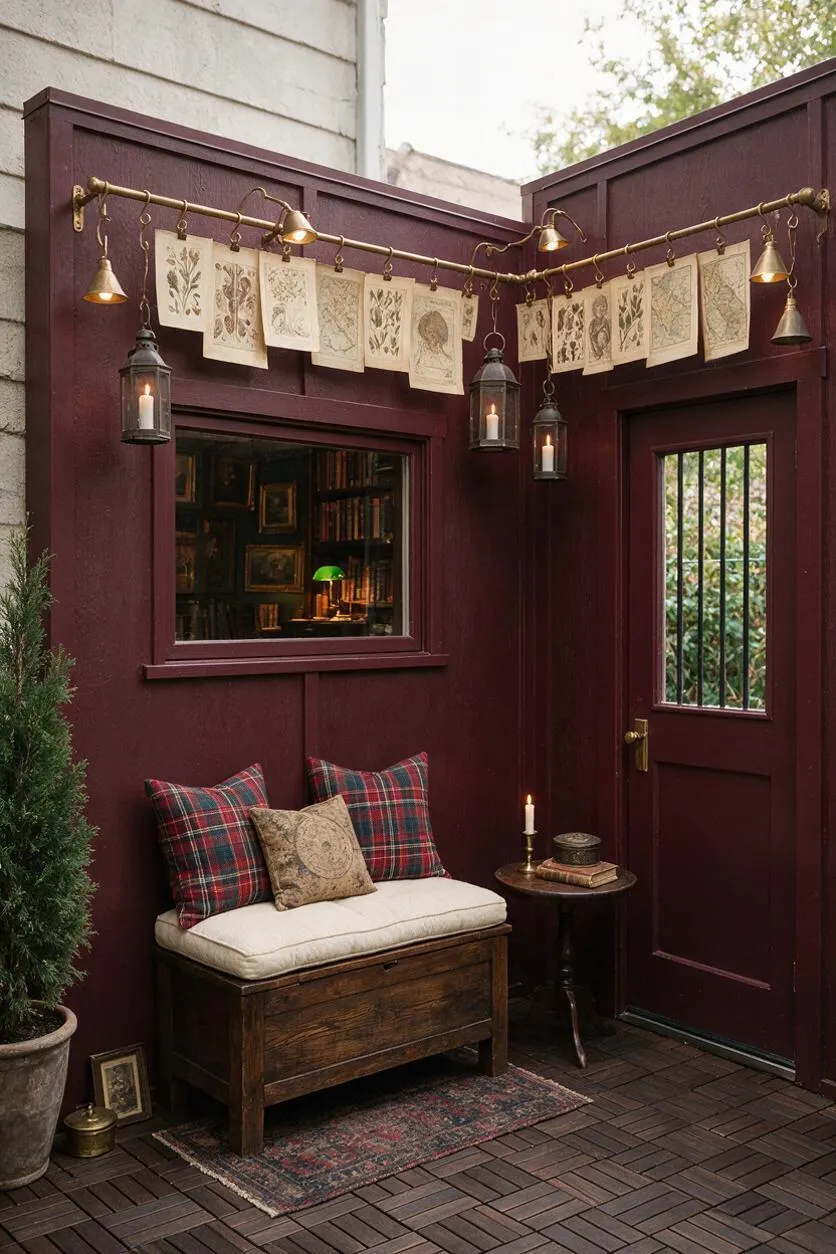 A small enclosed patio styled in Dark Academia tones with deep burgundy walls, a wood bench with cream cushion and plaid pillows, hanging lanterns, brass bells, and a line of botanical sketch cards overhead. A side table holds a candle and books beside a dark door and window into a warmly lit interior.