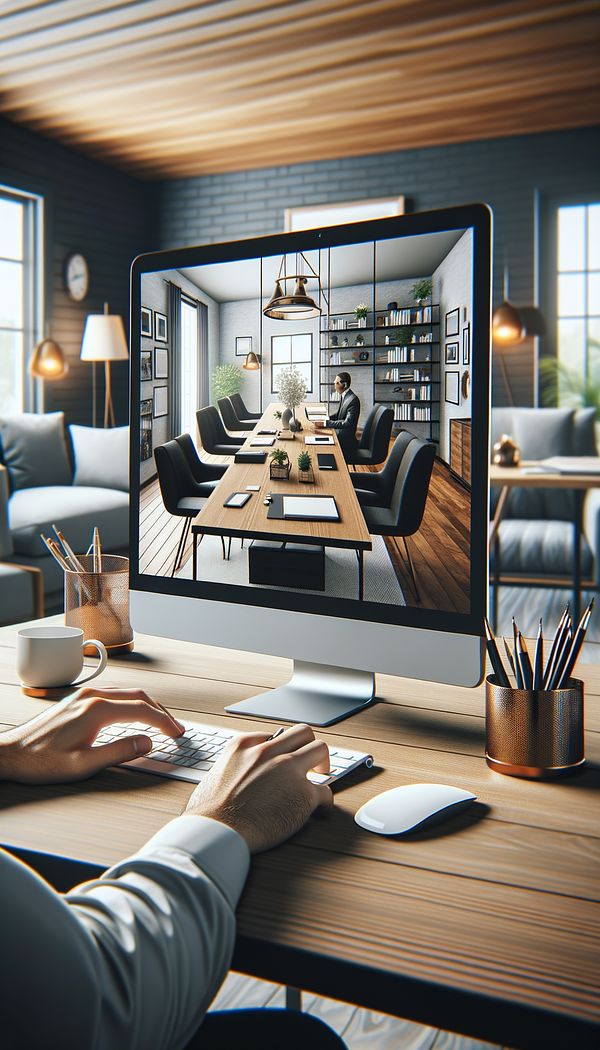 An elegant home office setup with a computer screen displaying a Zoom call interface, where the person's background is digitally replaced with a stylish, professionally designed interior.