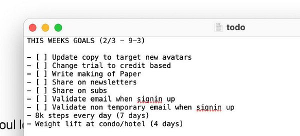 A digital to-do list outlining weekly goals.